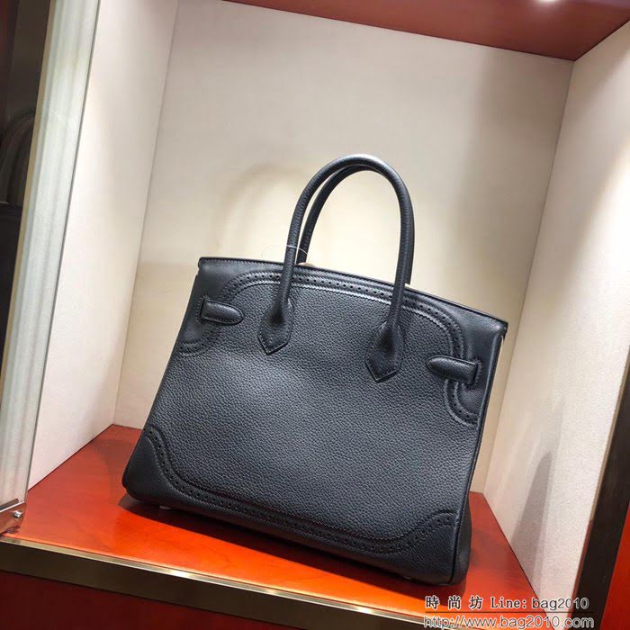 HERMES愛馬仕 鉑金包 Birkin Ghillies 30Cm Swif拼Tc 89 Noir 黑色 銀扣 頂級工藝 手縫蠟線 時尚手提包  Ama1594